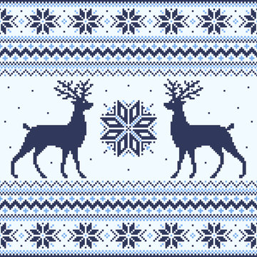 Blue winter pixel background with deer and snowflakes