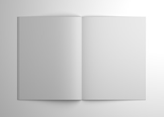 Blank 3D illustration open brochure or magazine isolated on gray.