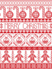 Scandinavian style and Nordic culture inspired Merry Christmas seamless card with  winter pattern including gingerbread man, candy cane, bauble, Christmas Puddings, decorative ornaments,  in stitch 
