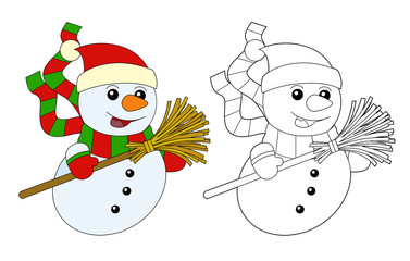 Happy cartoon snowmen - smiling moving and watching - isolated - with coloring page -  illustration for children