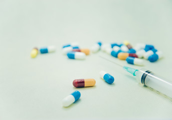 Abstract background blur of Drug prescription for treatment medication.capsule pills with medicine antibiotic in packages.