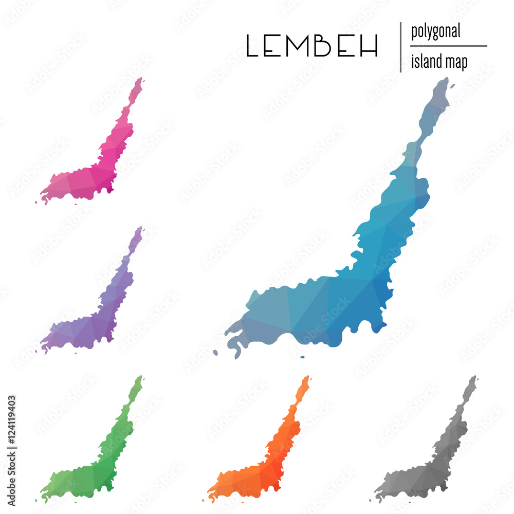 Poster set of vector polygonal lembeh maps filled with bright gradient of low poly art. multicolored island