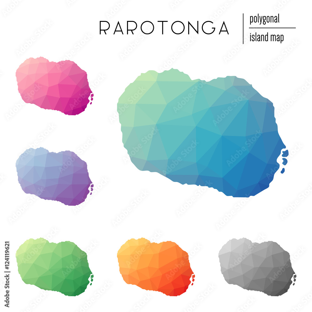 Poster set of vector polygonal rarotonga maps filled with bright gradient of low poly art. multicolored isl