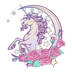 Kawaii Night sky composition with Unicorn Roses stars and moon crescent isolated on whte background. Festive background or greeting card. Pastel goth palette. Cute girly art. EPS10 vector illustration