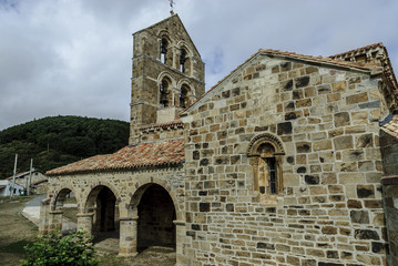 sight of the Romanesque collegiate church of San Salvador in Cantamuda, Palencia, Castile and León, Spain