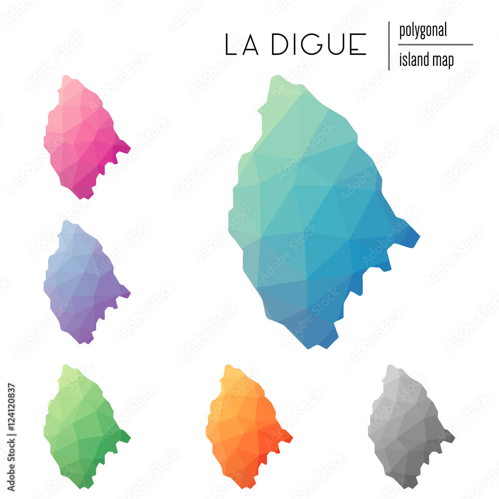 Poster set of vector polygonal la digue maps filled with bright gradient of low poly art. multicolored isla