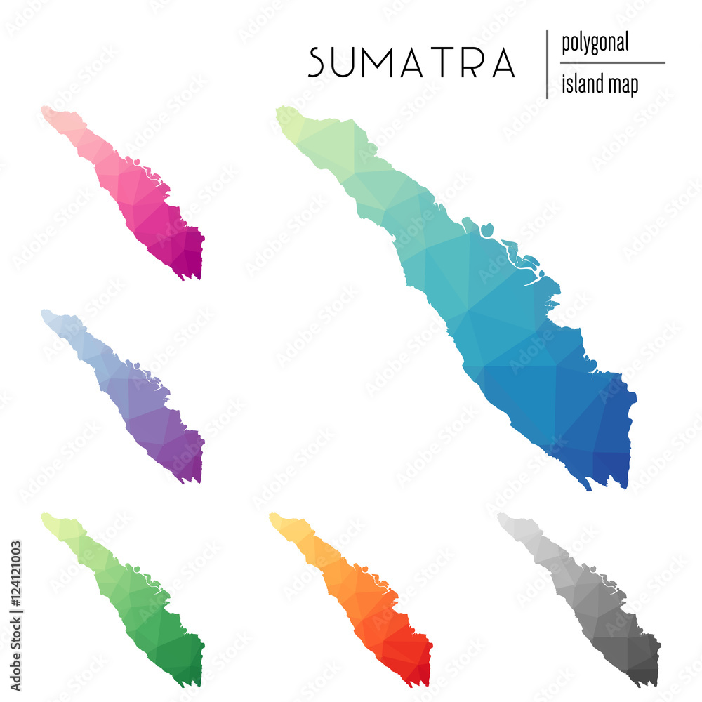 Poster set of vector polygonal sumatra maps filled with bright gradient of low poly art. multicolored islan