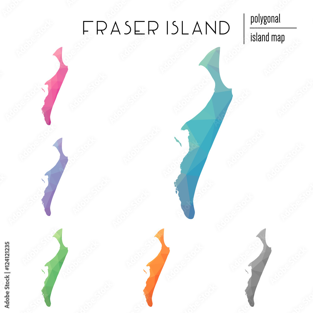 Poster set of vector polygonal fraser island maps filled with bright gradient of low poly art. multicolored