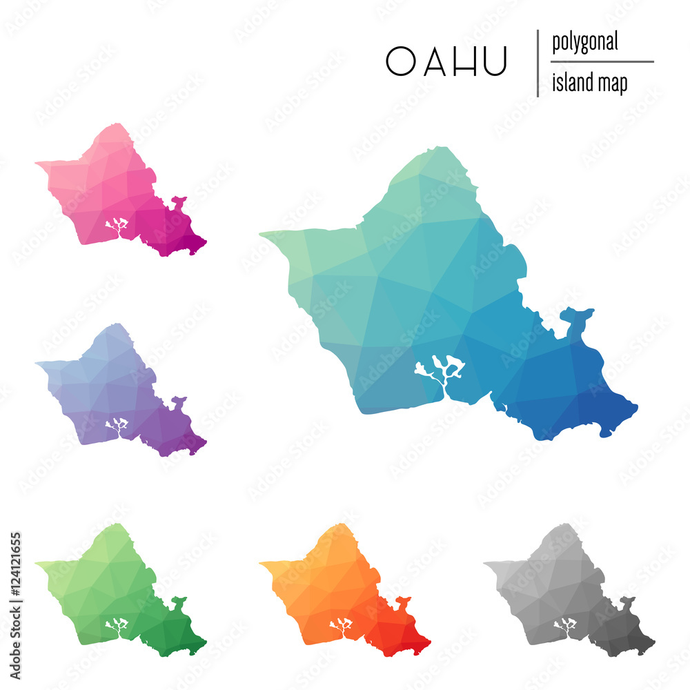 Poster set of vector polygonal oahu maps filled with bright gradient of low poly art. multicolored island o
