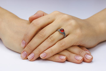 Close up of female hands with ring