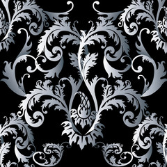 Baroque damask black floral vector seamless pattern wallpaper illustration with vintage antique decorative white 3d baroque flowers leaves ornaments.Baroque seamless pattern.Baroque ornament