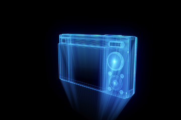 Photo Camera in Hologram Wireframe Style. Nice 3D Rendering
- 124122637