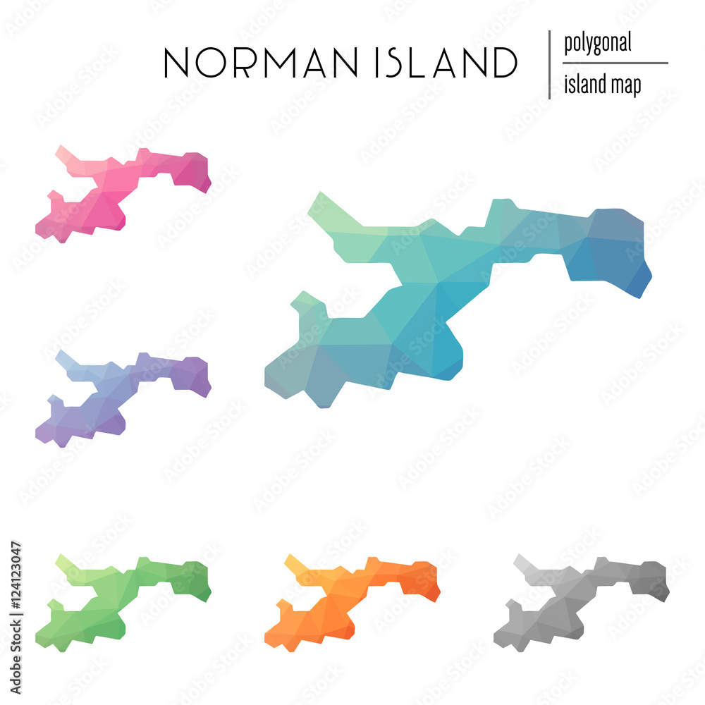 Poster set of vector polygonal norman island maps filled with bright gradient of low poly art. multicolored