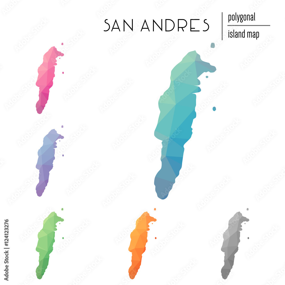 Poster set of vector polygonal san andres maps filled with bright gradient of low poly art. multicolored is