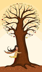 Girl hugging a tree. Drawn by hand. Vector illustration.