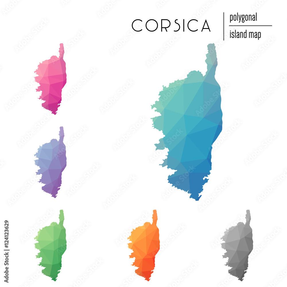 Poster set of vector polygonal corsica maps filled with bright gradient of low poly art. multicolored islan