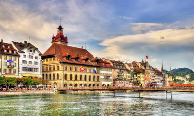 Obraz na płótnie Canvas City hall of Lucerne along the river Reuss, Switzerland