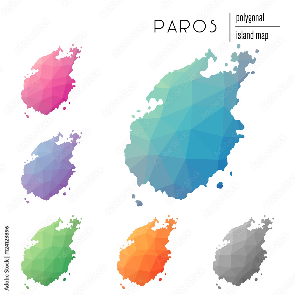 Poster set of vector polygonal paros maps filled with bright gradient of low poly art. multicolored island 
