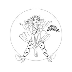 Sexy girl witch flying in front of the full moon with magical broom. Halloween vector illustration. The isolated contour.