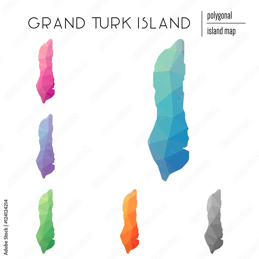 Poster set of vector polygonal grand turk island maps filled with bright gradient of low poly art. multicol