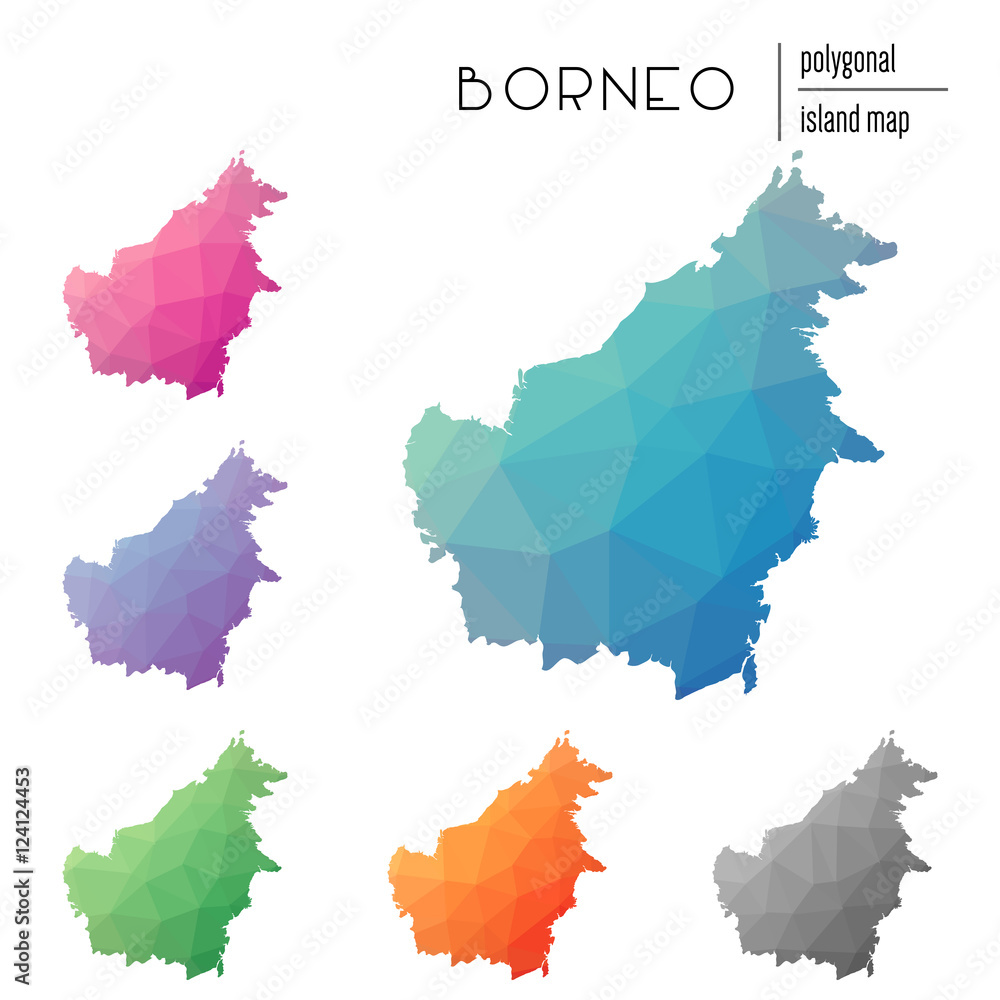 Poster set of vector polygonal borneo maps filled with bright gradient of low poly art. multicolored island