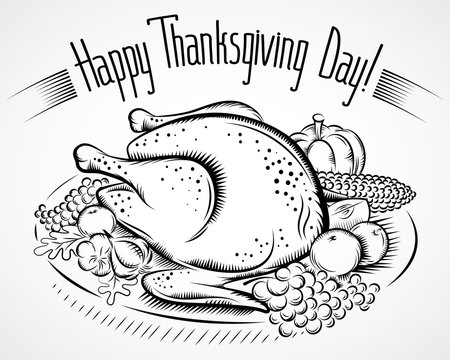 Roasted turkey on Thanksgiving Day; Vintage hand drawn vector Eps8