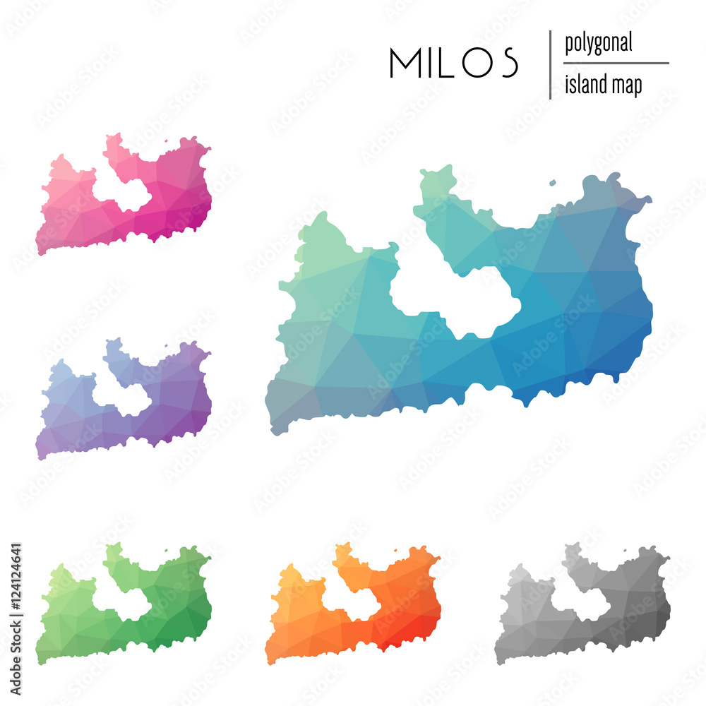 Poster set of vector polygonal milos maps filled with bright gradient of low poly art. multicolored island 