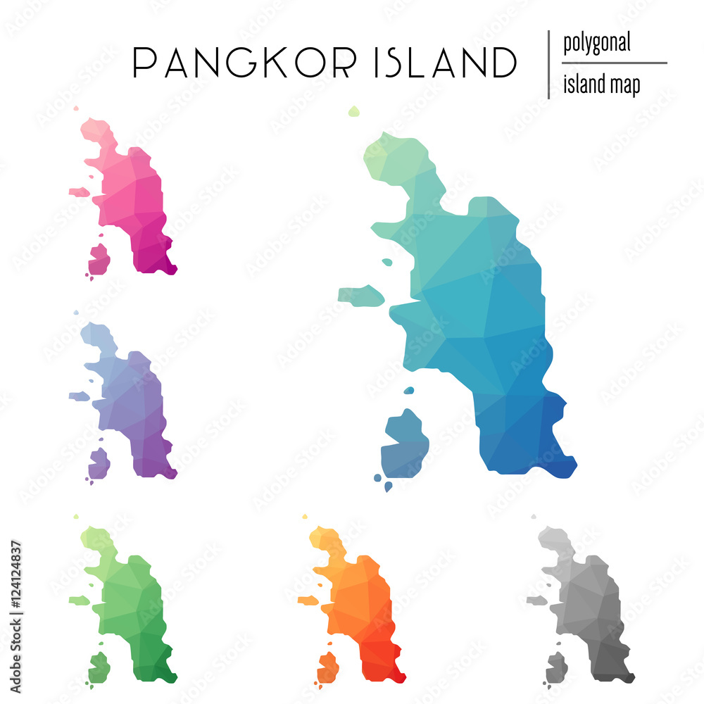 Poster set of vector polygonal pangkor island maps filled with bright gradient of low poly art. multicolore