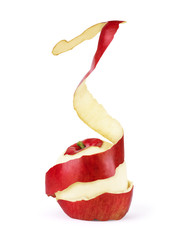 Closeup of twisted peel of red apple isolated on white background