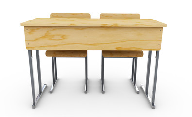School desk and chairs front isolated on white background. 3d re