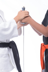 Hands and Martial Arts / Martial arts athletes hold with their hands a sword