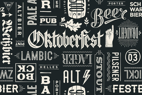 Seamless pattern with types of beer and hand drawn lettering for Oktoberfest Beer Festival. Vintage drawing for placemat, bar menu, t-shirt print and beer themes. Vector Illustration