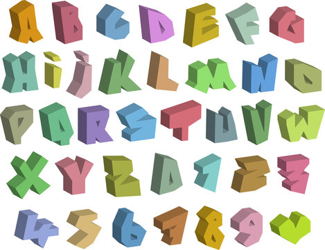 3D graffiti color fonts alphabet and number over white