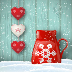 Christmas theme, red cup with cute decoration in front of blue wooden wall, illustration