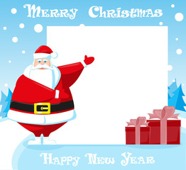 Merry Christmas and Happy New Year landscape. Cute Santa Claus outdoor and christmas trees on blue background. Concept design poster, banner, flyer or greeting card. Vector illustration cartoon style