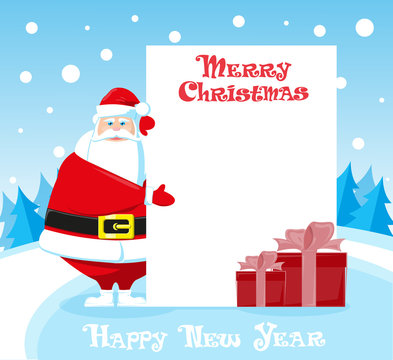 Merry Christmas and Happy New Year landscape. Cute Santa Claus outdoor and christmas trees on blue background. Concept design poster, banner, flyer or greeting card. Vector illustration cartoon style