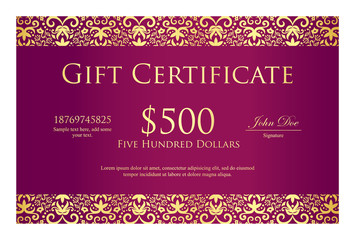Vintage purple gift certificate with golden ornament pattern