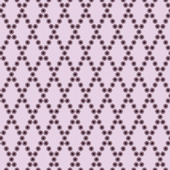 Nice cute background seamless pattern with many repeating stylized contour chocolate color flowers diamond net isolated on the lavender fond. Vector illustration eps