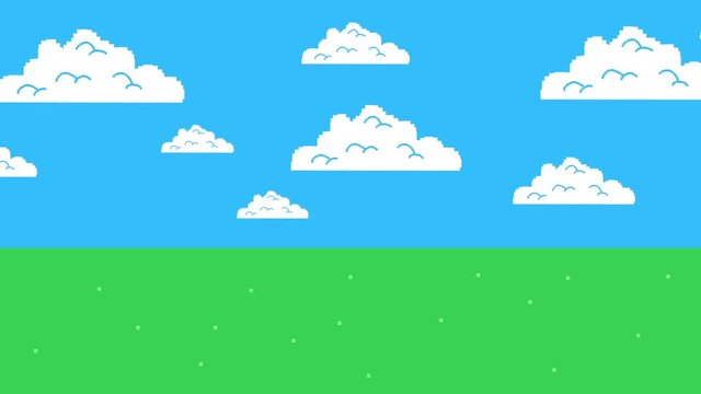 Old Retro Video Game Arcade Clouds Moving on a Blue Sky and Grass