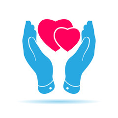 two pink hearts icon in careful hands - vector illustration