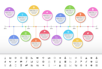 Modern rainbow timeline with circle milestones with pastel fill. Set of icons included