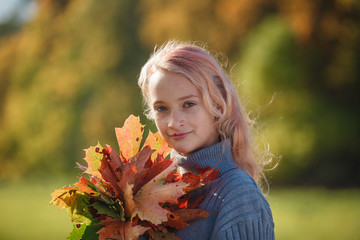 Naklejka na ściany i meble The little girl in the autumn forest