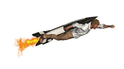 man flying with jet pack rocket isolated on white