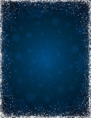 Blue christmas background with  frame of snowflakes and stars,
