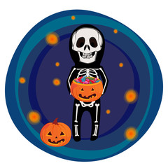 Cute Halloween kids in skeleton costume with candy and pumpkin. Vector illustration