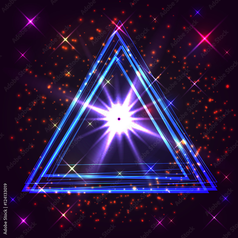 Poster flash inside the triangles on a dark abstract background. vector