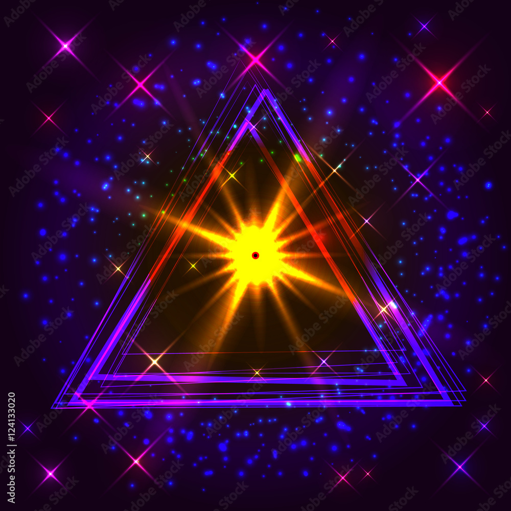 Poster flash inside the triangles on a dark abstract background. vector