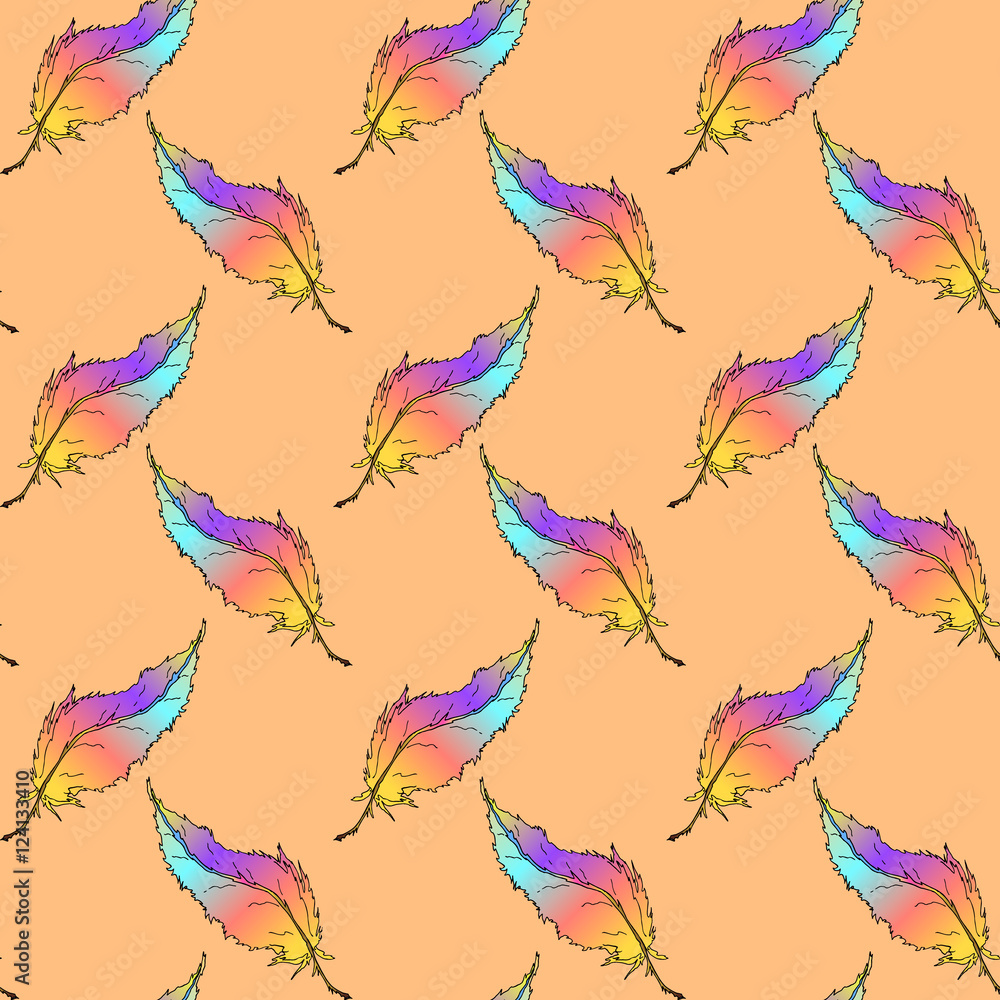 Poster seamless pattern with colored feathers. vector illustration.