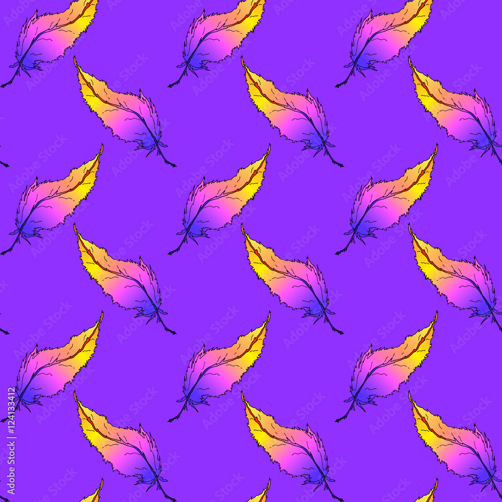 Poster seamless pattern with colored feathers. vector illustration.