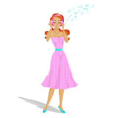 Cute cartoon girl listening to music on headphones. Vector illus
